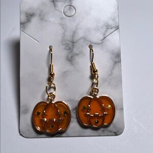 Orange Pumpkin Dangle Earrings with Gold Stars